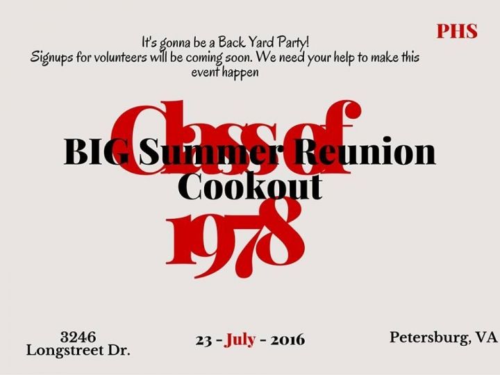 Class of 1978 Big Reunion Cookout July 23 2016 4pm - Until