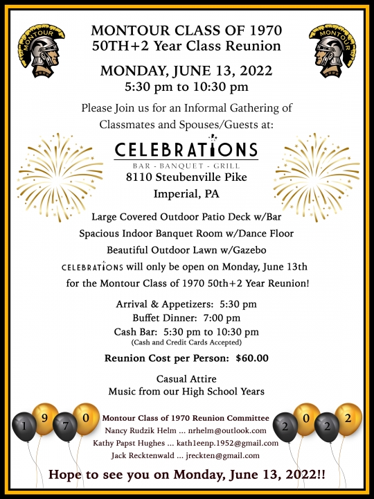 NEW DATE & NEW VENUE: Class of 1970 50th + 2 Year Reunion - JUNE 13, 2022