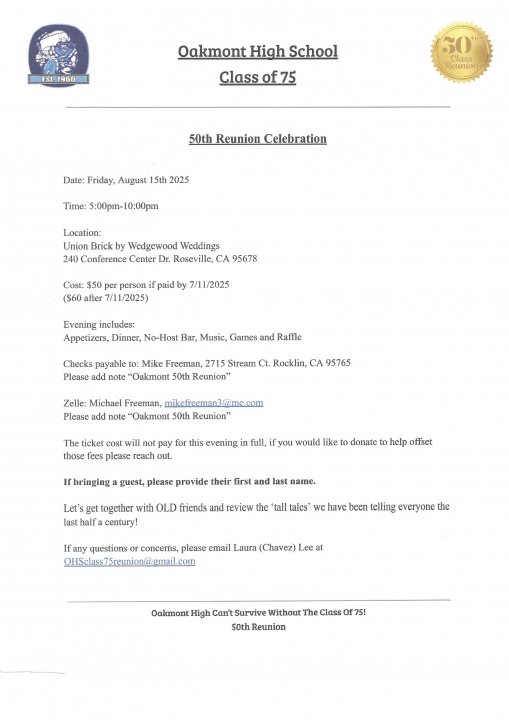 OHS Class of "75" 50th Reunion Aug 15th 2025