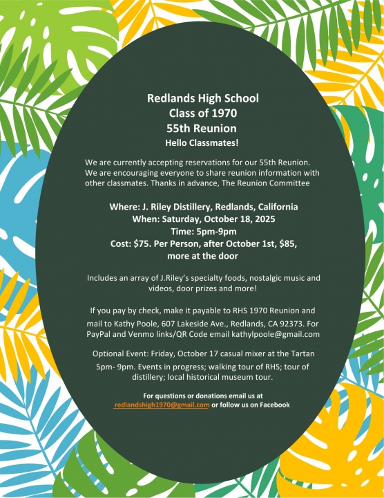 Redlands High 1970, 55th Class Reunion