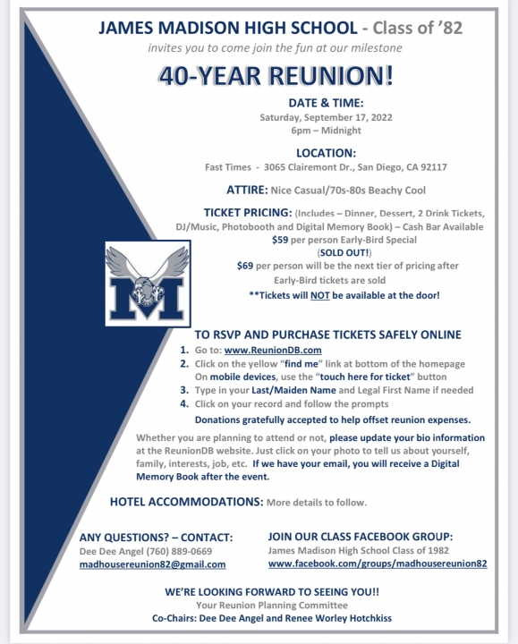 TICKETS ON SALE NOW! Class of 1982 - 40 Year Reunion! Sept 17, 2022!