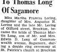 Thomas Martin Long Weds Martha Frances Loring,