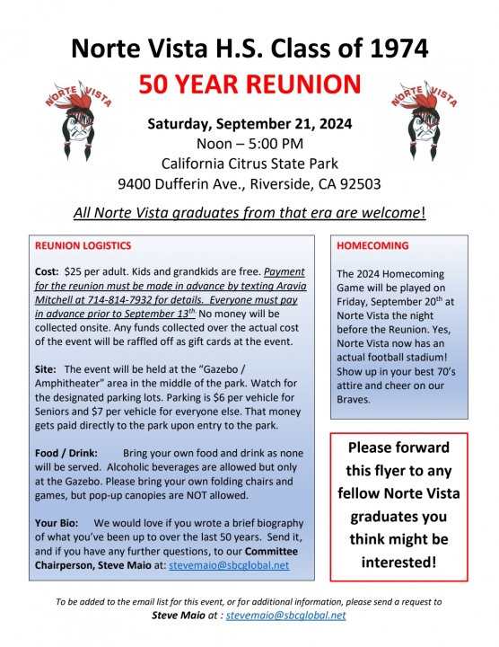 Norte Vista 1974 50th Reunion! AND all graduates from that era!!