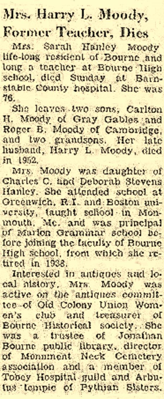 Mrs. Sarah Hanlen Moody, Former Bourne High School Teacher