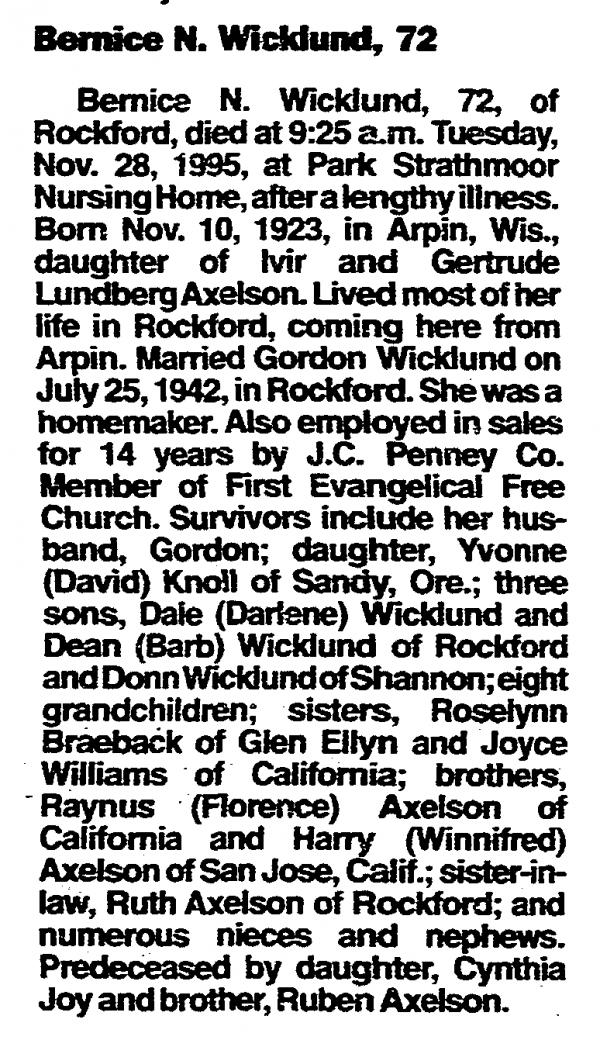 Bernice N Axelson (wicklund)
